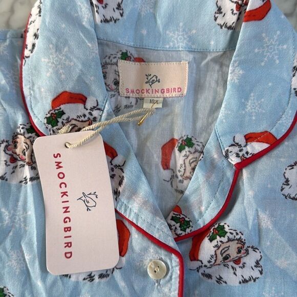 SMOCKING BIRD Vintage Santa Blue Button Down Kid’s Pajama Top NWT Sz 10 - Picture 2 of 4